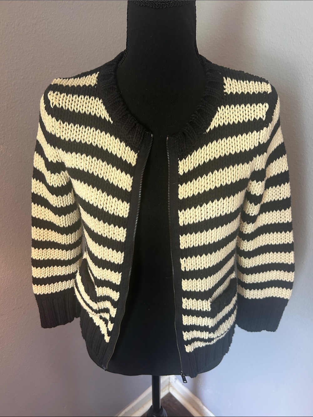 LOFT Women Black Cream Striped Zip-Front Sweater Jacket Size Extra Small